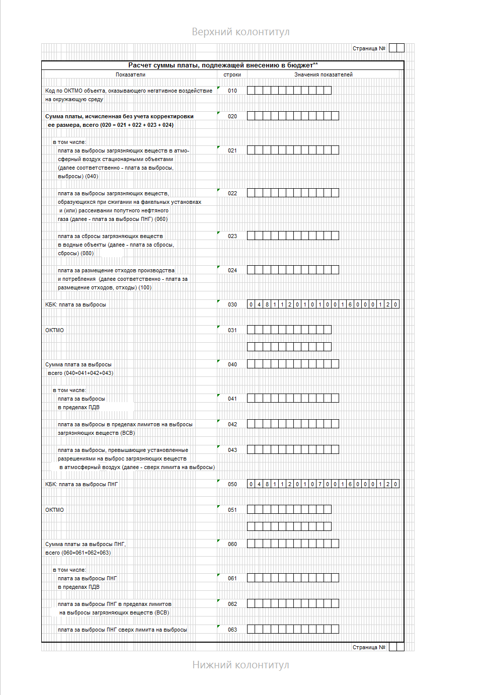 Форма расчета платы за НВОС